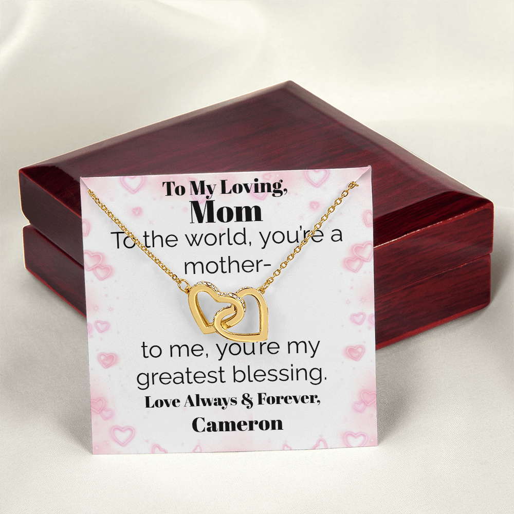 Two Interlocking Hearts Pendant Necklace — Personalized "Greatest Blessing" Message Card Gift for Mom