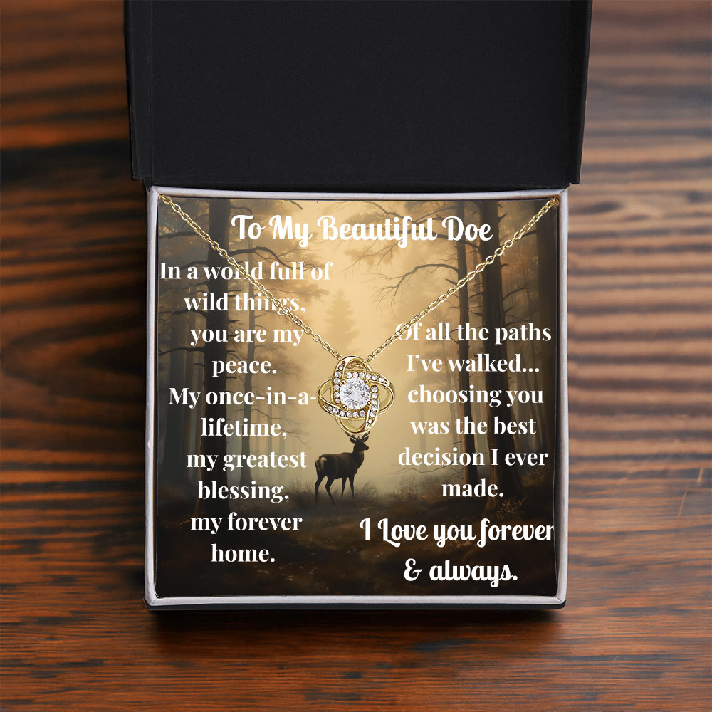 Love Knot Pendant Necklace — "You Are My Peace" Romantic Gift for Deer Hunter's Wife