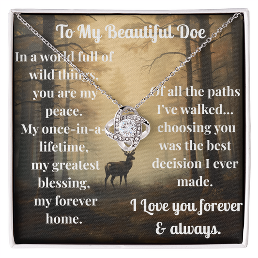 Love Knot Pendant Necklace — "You Are My Peace" Romantic Gift for Deer Hunter's Wife