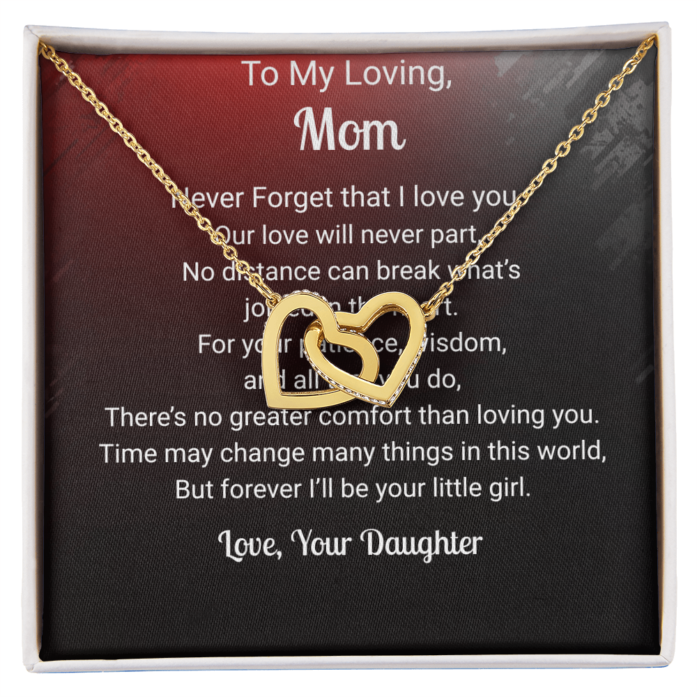 Two Hearts Pendant Necklace — "No Distance Can Break Us" Message Card Gift for Mom
