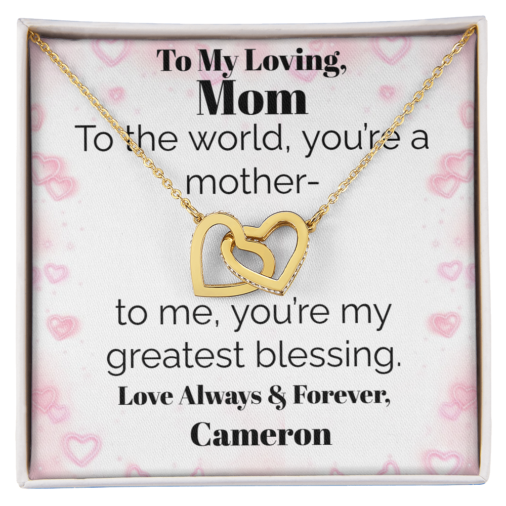 Two Interlocking Hearts Pendant Necklace — Personalized "Greatest Blessing" Message Card Gift for Mom