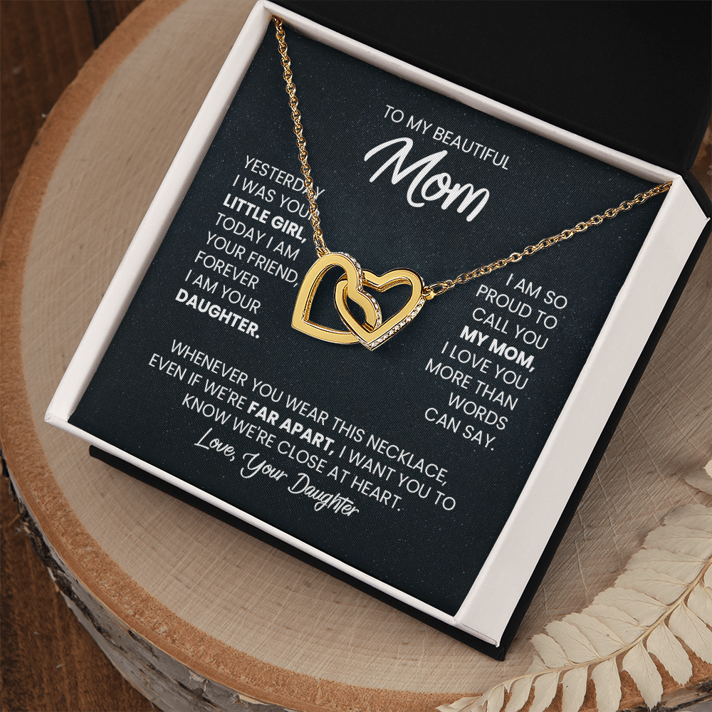 Two Hearts Pendant Necklace — "Forever Your Daughter" Message Card Gift for Mom