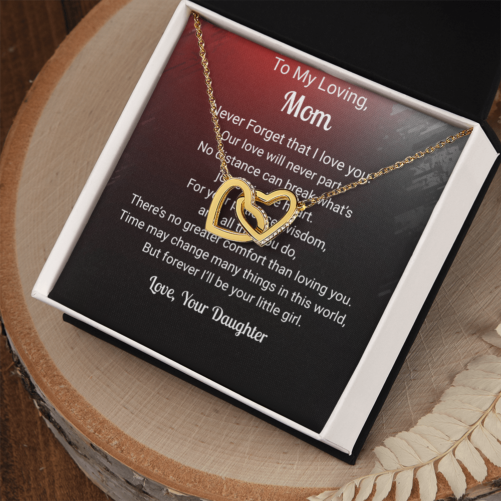 Two Hearts Pendant Necklace — "No Distance Can Break Us" Message Card Gift for Mom