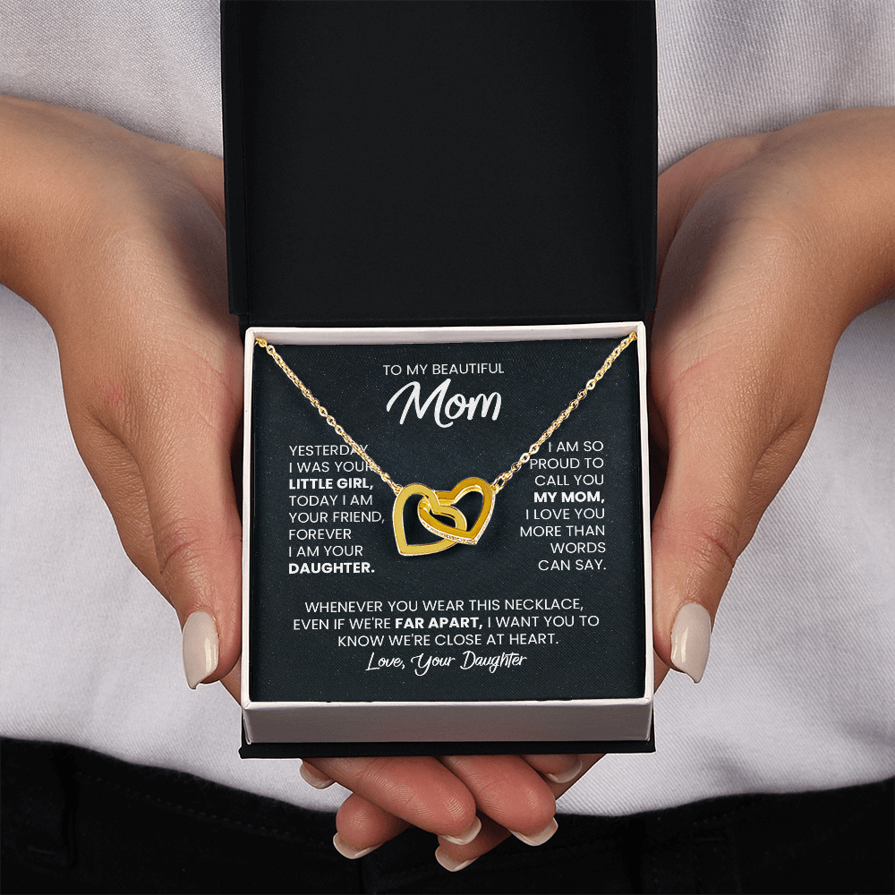 Two Hearts Pendant Necklace — "Forever Your Daughter" Message Card Gift for Mom