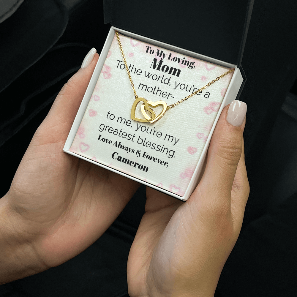 Two Interlocking Hearts Pendant Necklace — Personalized "Greatest Blessing" Message Card Gift for Mom