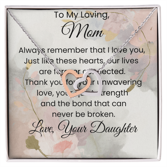 Two Hearts Pendant Necklace — "Forever Connected" Message Card Jewelry Gift for Mom