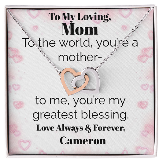 Two Interlocking Hearts Pendant Necklace — Personalized "Greatest Blessing" Message Card Gift for Mom