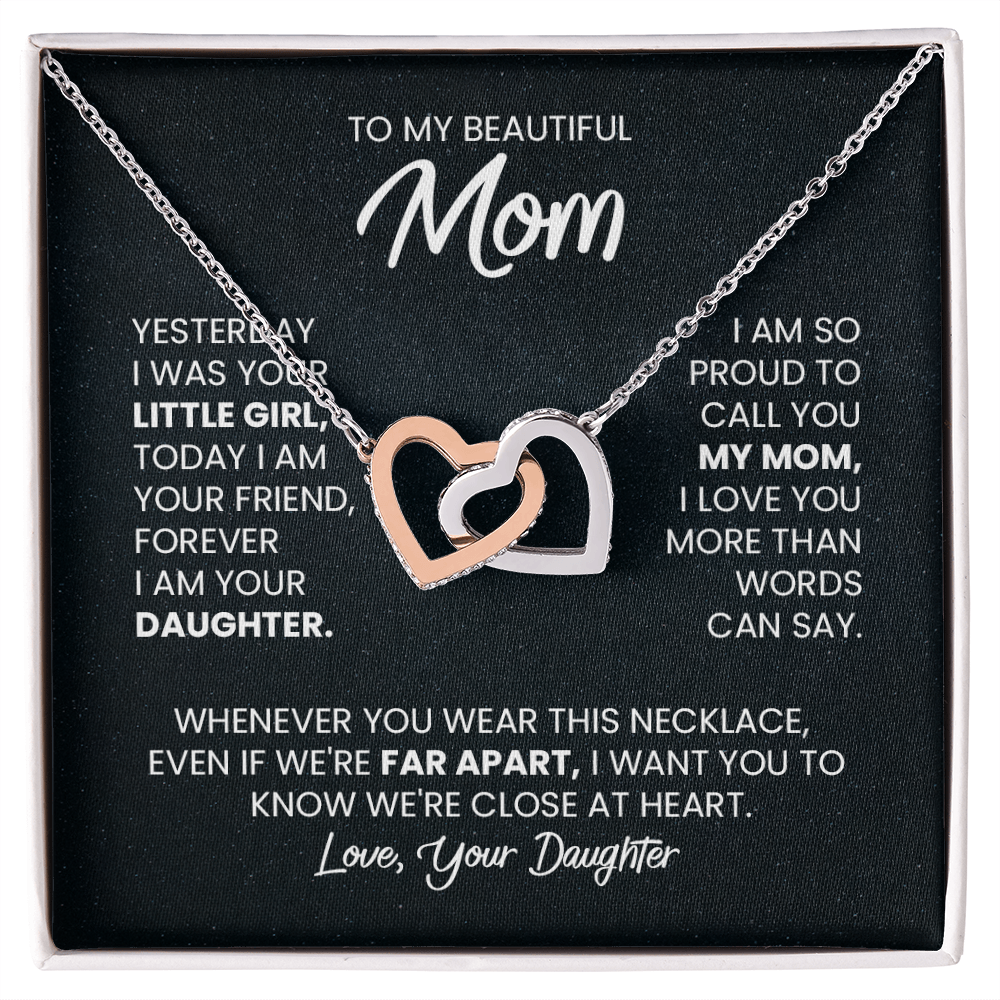 Two Hearts Pendant Necklace — "Forever Your Daughter" Message Card Gift for Mom