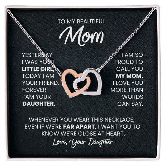 Two Hearts Pendant Necklace — "Forever Your Daughter" Message Card Gift for Mom