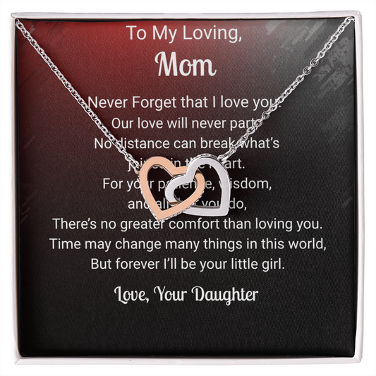 Two Hearts Pendant Necklace — "No Distance Can Break Us" Message Card Gift for Mom