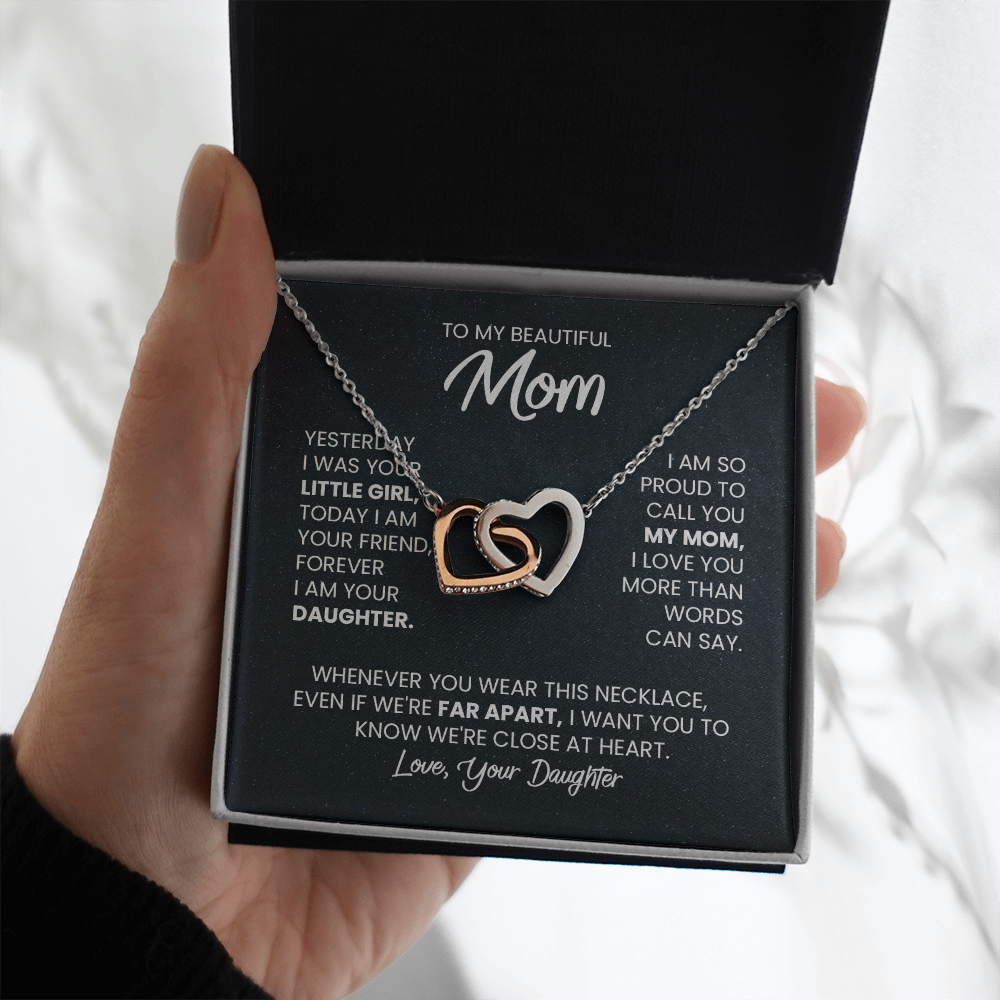 Two Hearts Pendant Necklace — "Forever Your Daughter" Message Card Gift for Mom