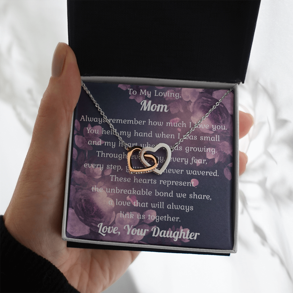 Two Hearts Pendant Necklace — "You Held My Hand" Message Card Gift for Mom