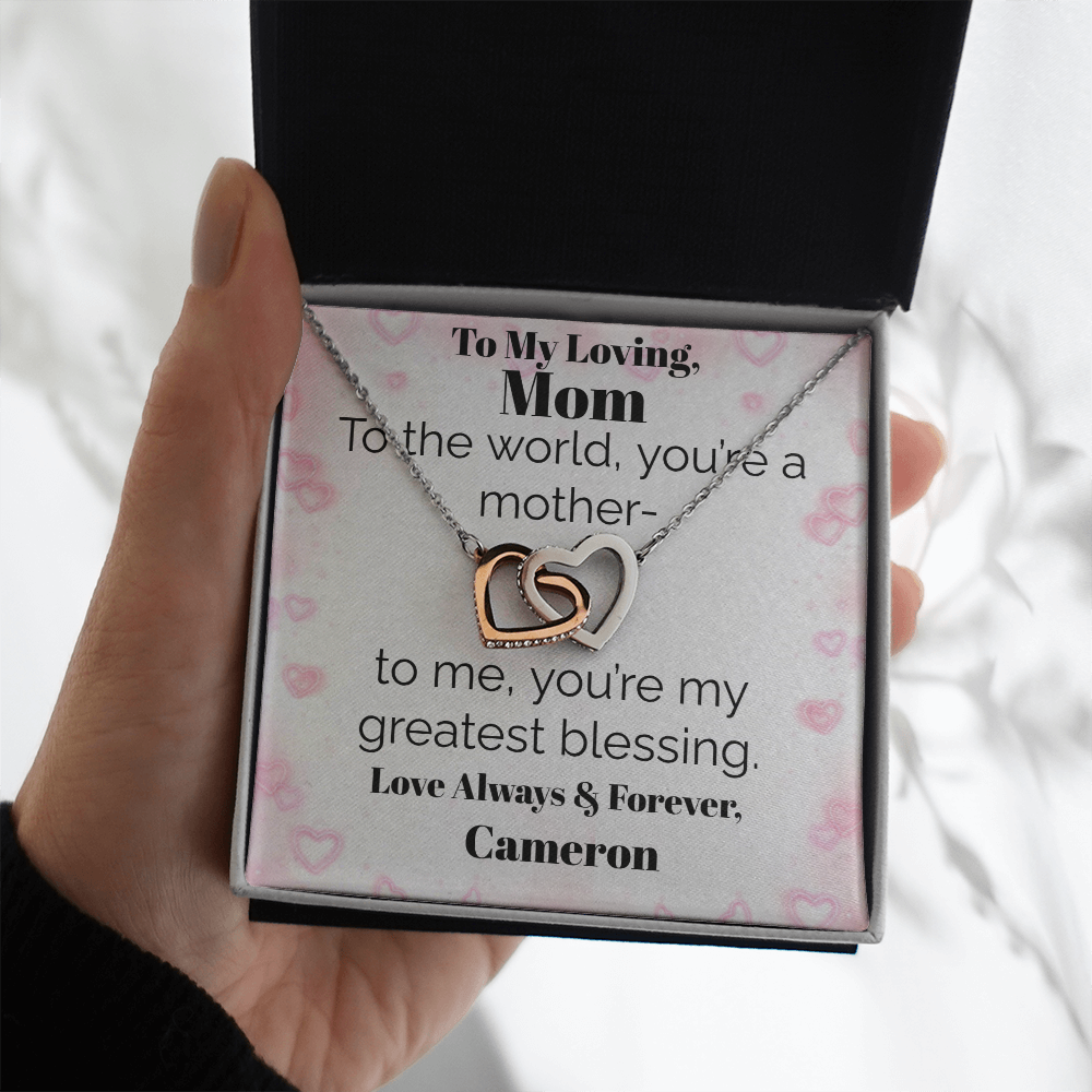 Two Interlocking Hearts Pendant Necklace — Personalized "Greatest Blessing" Message Card Gift for Mom