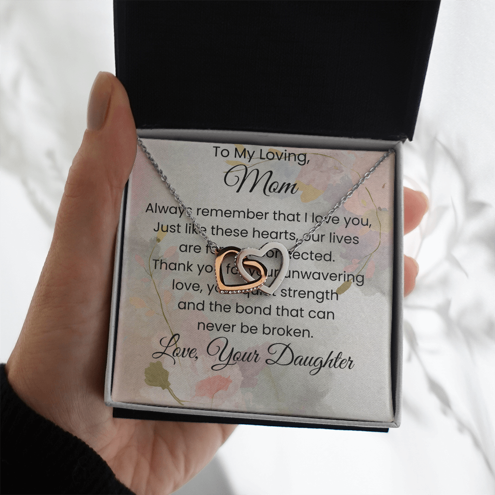 Two Hearts Pendant Necklace — "Forever Connected" Message Card Jewelry Gift for Mom