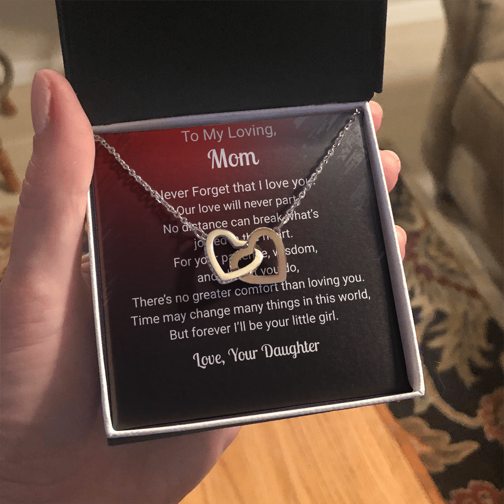 Two Hearts Pendant Necklace — "No Distance Can Break Us" Message Card Gift for Mom