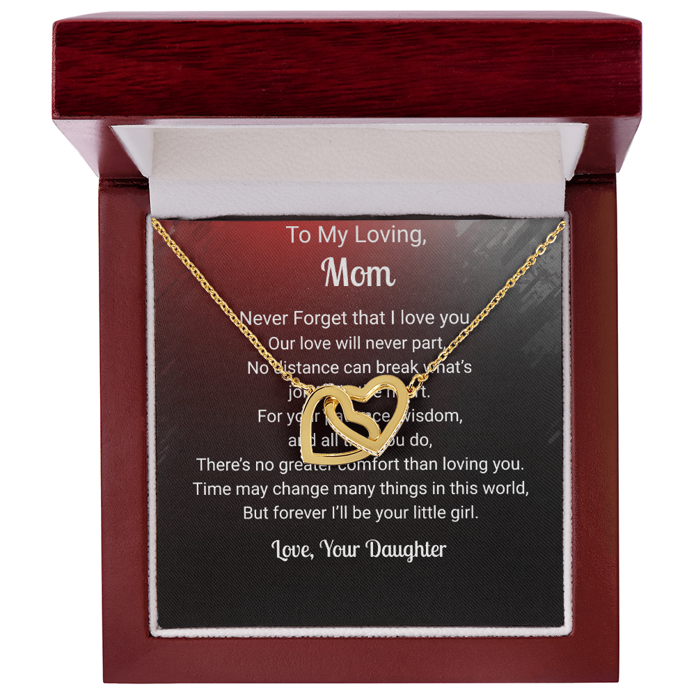 Two Hearts Pendant Necklace — "No Distance Can Break Us" Message Card Gift for Mom