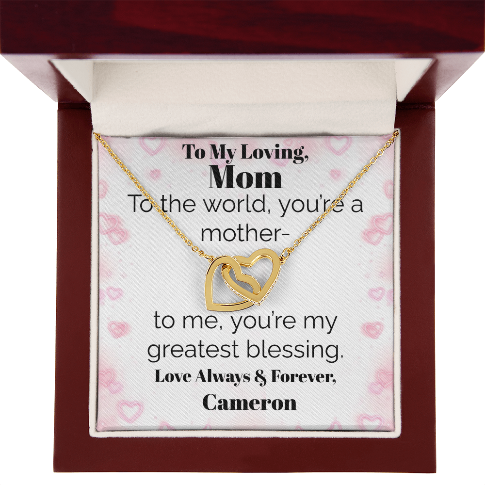 Two Interlocking Hearts Pendant Necklace — Personalized "Greatest Blessing" Message Card Gift for Mom