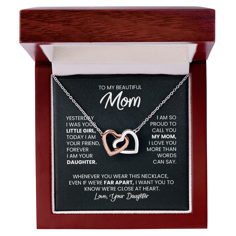 Two Hearts Pendant Necklace — "Forever Your Daughter" Message Card Gift for Mom