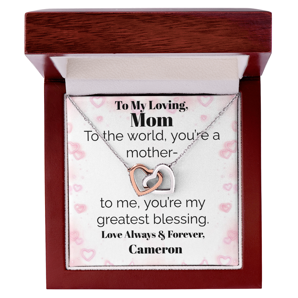 Two Interlocking Hearts Pendant Necklace — Personalized "Greatest Blessing" Message Card Gift for Mom