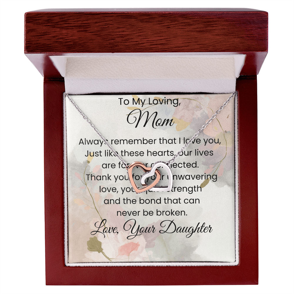 Two Hearts Pendant Necklace — "Forever Connected" Message Card Jewelry Gift for Mom