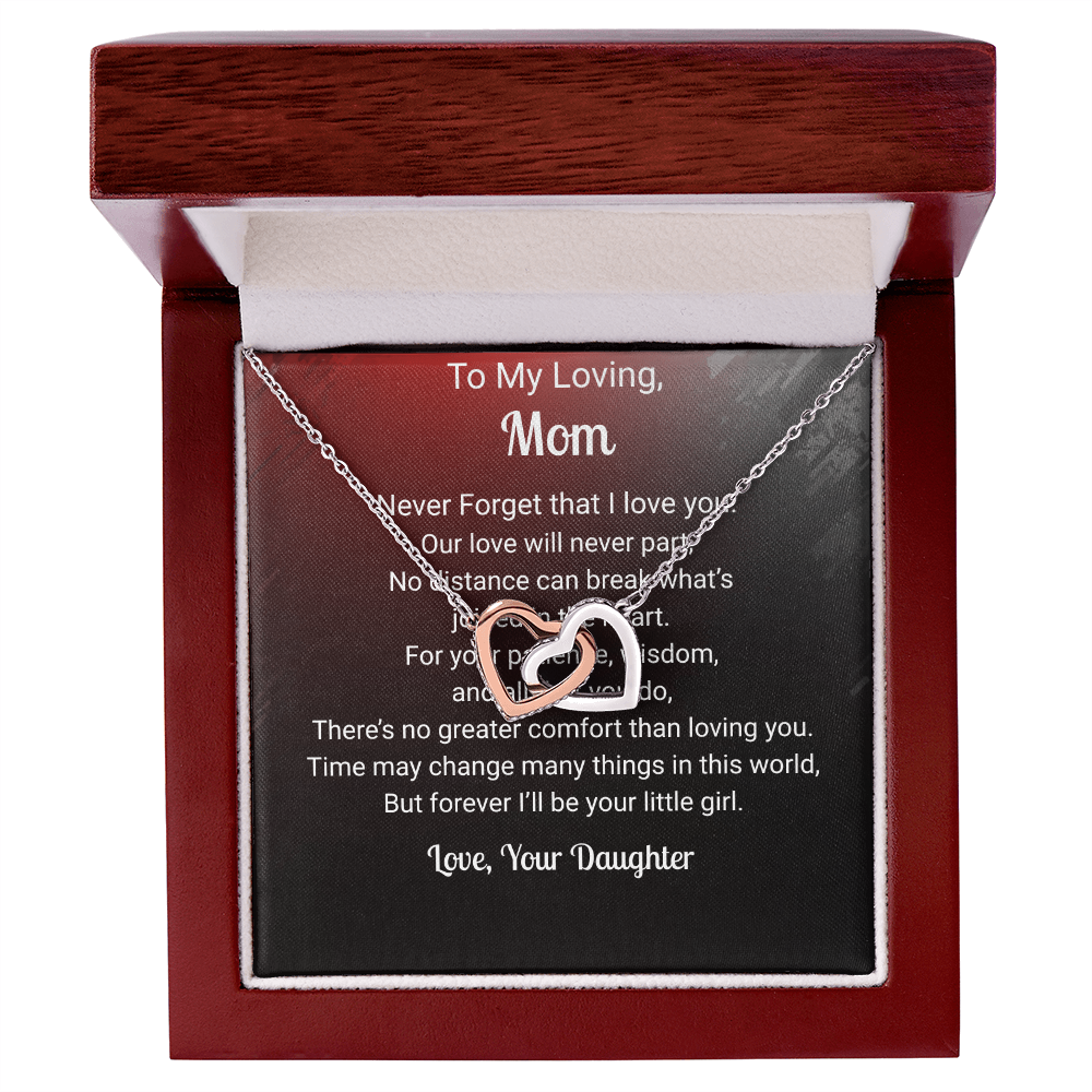 Two Hearts Pendant Necklace — "No Distance Can Break Us" Message Card Gift for Mom