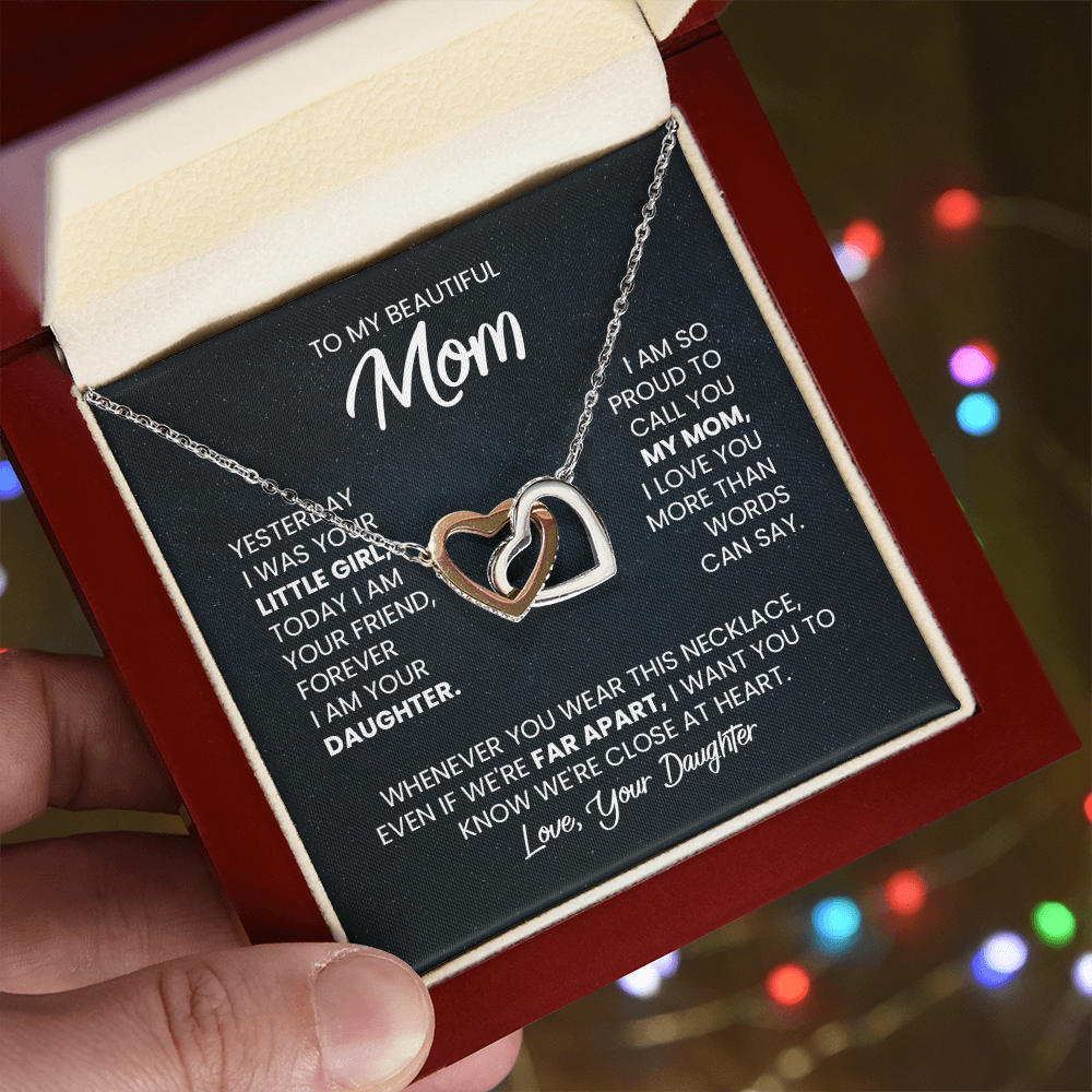 Two Hearts Pendant Necklace — "Forever Your Daughter" Message Card Gift for Mom